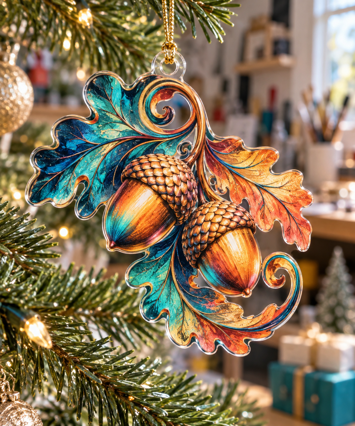 Acorns & Oak Leaves Studio Ornament with flat printed optical 3D turquoise oak leaves, copper acorns and cobalt shadows