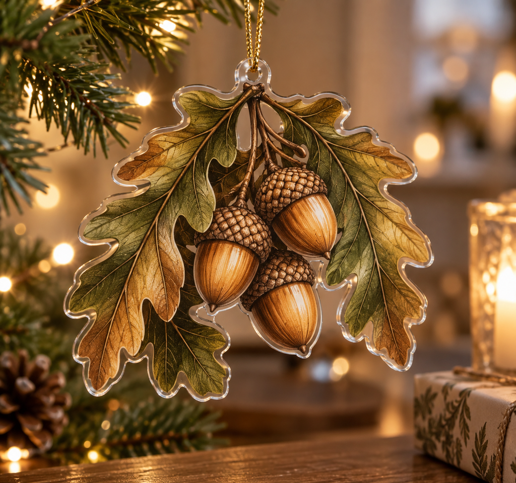 Acorns & Oak Leaves Host Gift Ornament with flat printed optical 3D olive oak leaves, golden acorns and copper highlights