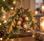 Acorns & Oak Leaves Host Gift Ornament with flat printed optical 3D olive oak leaves, golden acorns and copper highlights