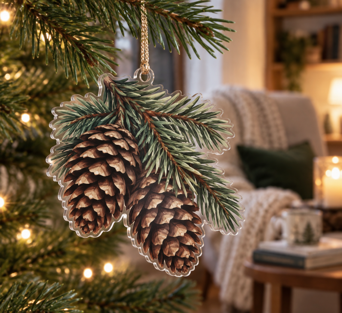 Pinecones & Needles Reading Nook Ornament with flat printed optical 3D pine needles, pinecones and woodland shadows