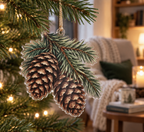 Pinecones & Needles Reading Nook Ornament with flat printed optical 3D pine needles, pinecones and woodland shadows