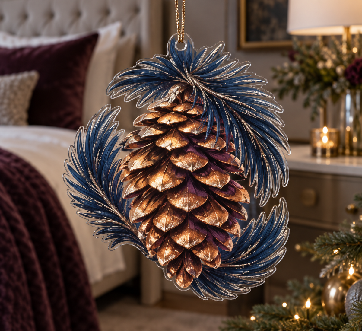 Pinecones & Needles Bedroom Ornament with flat printed optical 3D midnight pine needles, copper pinecones and silver highlights