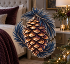 Pinecones & Needles Bedroom Ornament with flat printed optical 3D midnight pine needles, copper pinecones and silver highlights