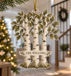 Birch Grove Housewarming Ornament with flat printed optical 3D birch grove; sample family name shown on item