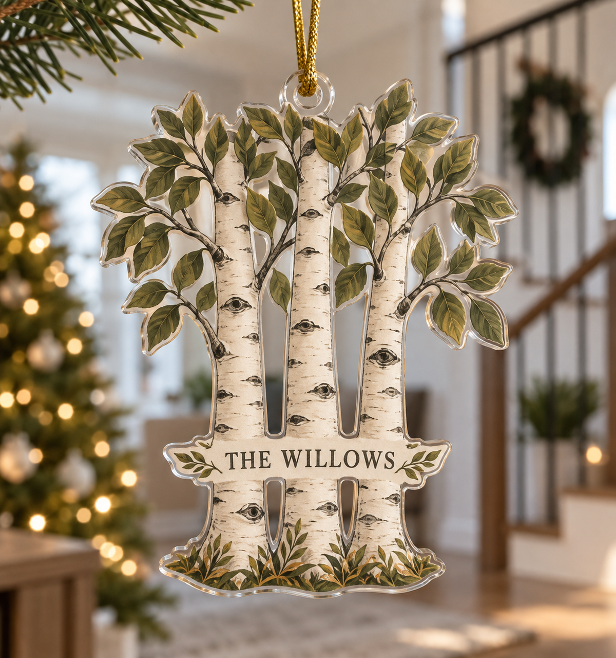 Birch Grove Housewarming Ornament with flat printed optical 3D birch grove; sample family name shown on item