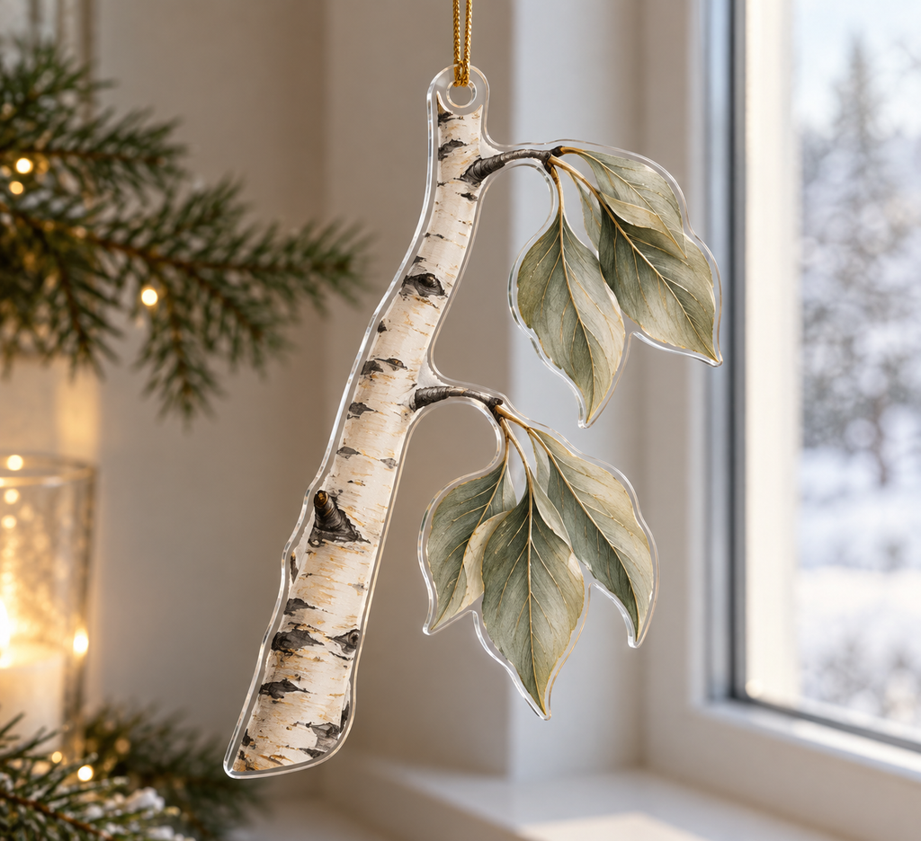Birch Grove Quiet Corner Ornament with flat printed optical 3D pale birch trunks, sage leaves and misty woodland light