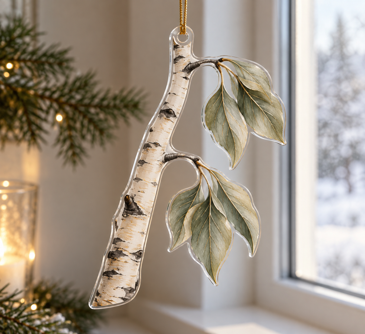 Birch Grove Quiet Corner Ornament with flat printed optical 3D pale birch trunks, sage leaves and misty woodland light