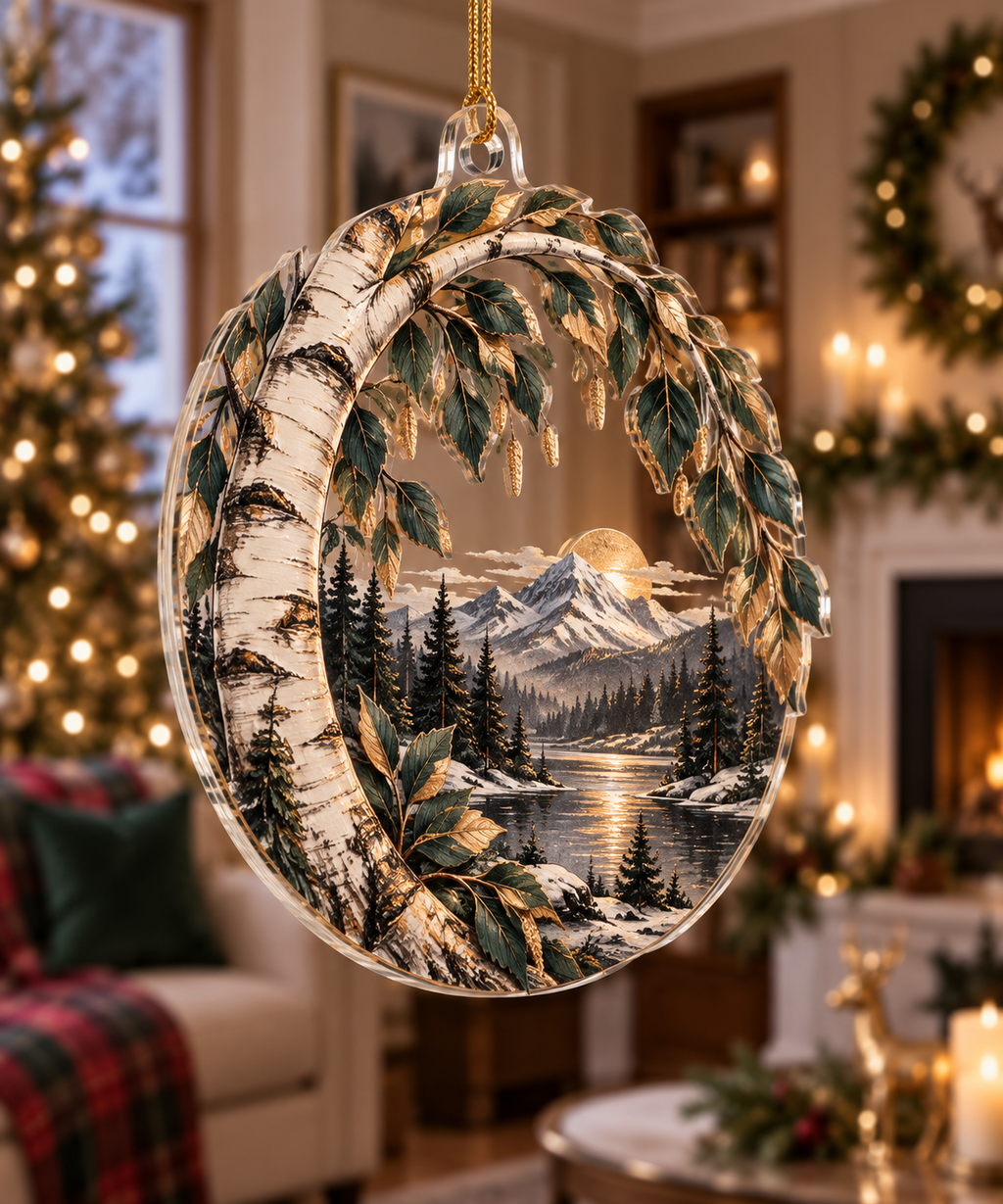Birch Grove Collector Ornament with flat printed optical 3D ivory birch trunks, emerald leaves and copper-gold woodland light