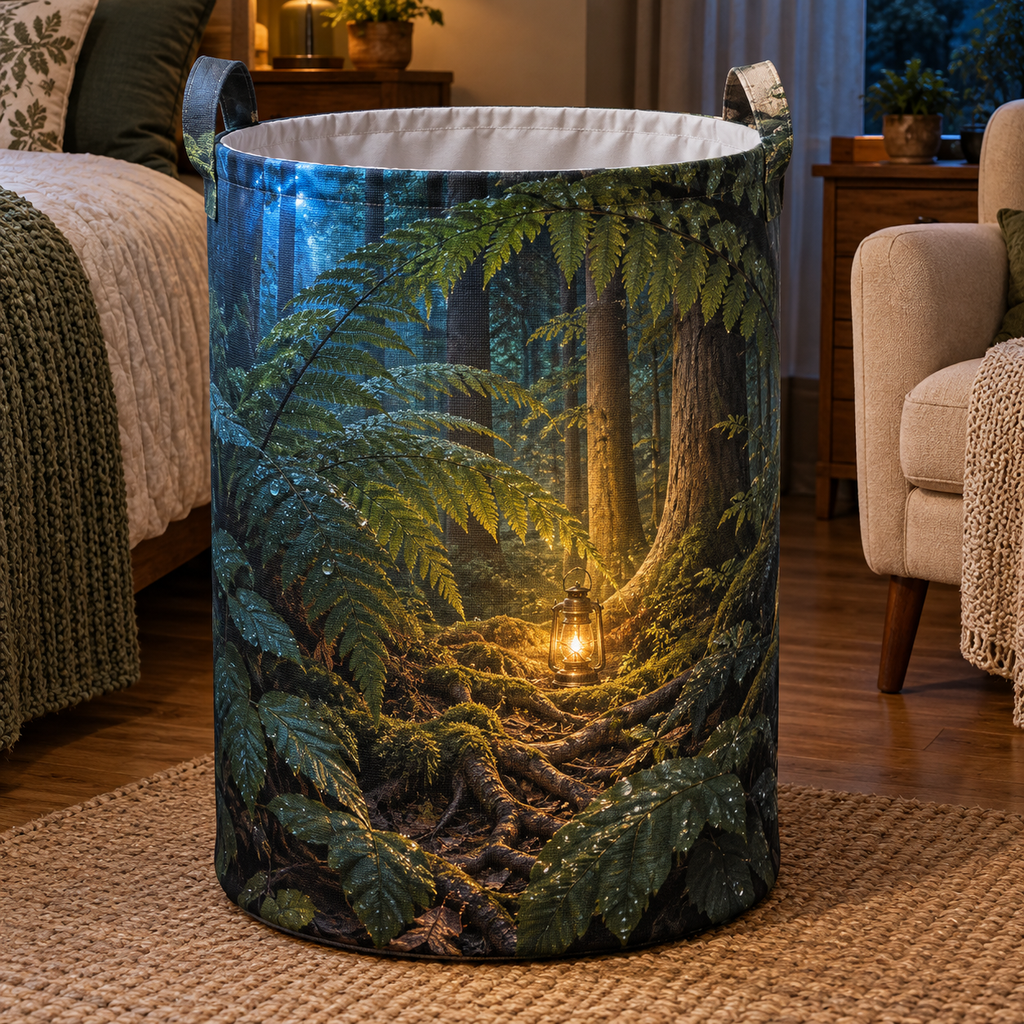Birch Grove Gallery Ornament with flat printed optical 3D ivory birch trunks, teal and sage leaves and warm light