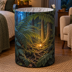 Birch Grove Gallery Ornament with flat printed optical 3D ivory birch trunks, teal and sage leaves and warm light