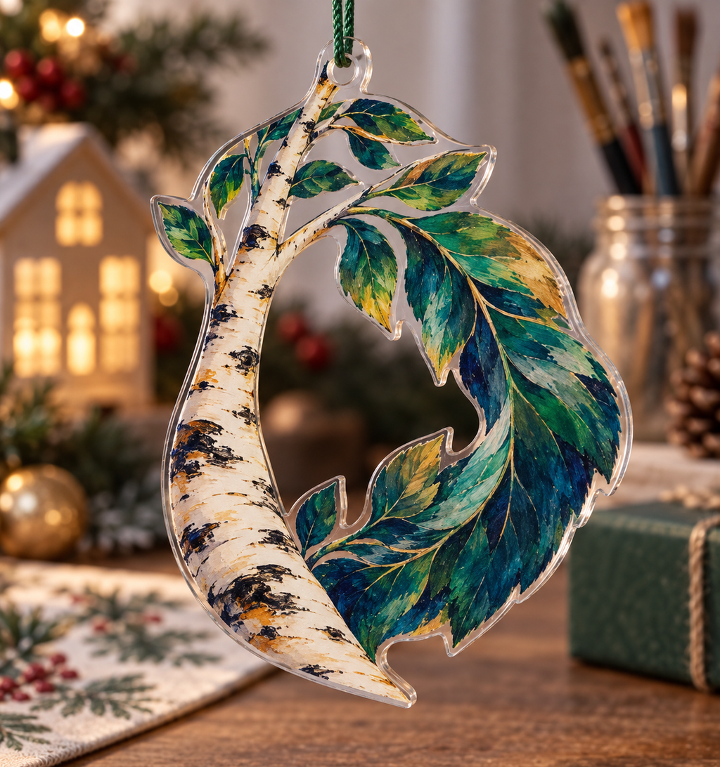 Birch Grove Hobby Studio Ornament with flat printed optical 3D ivory birch trunks, emerald and teal leaves and creative studio light