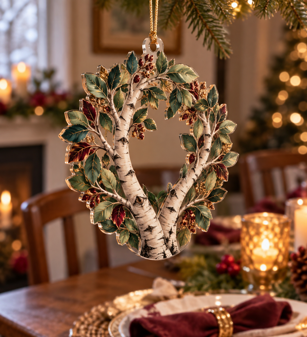 Birch Grove Host Gift Ornament with flat printed optical 3D porcelain birch trunks, sage leaves and copper light