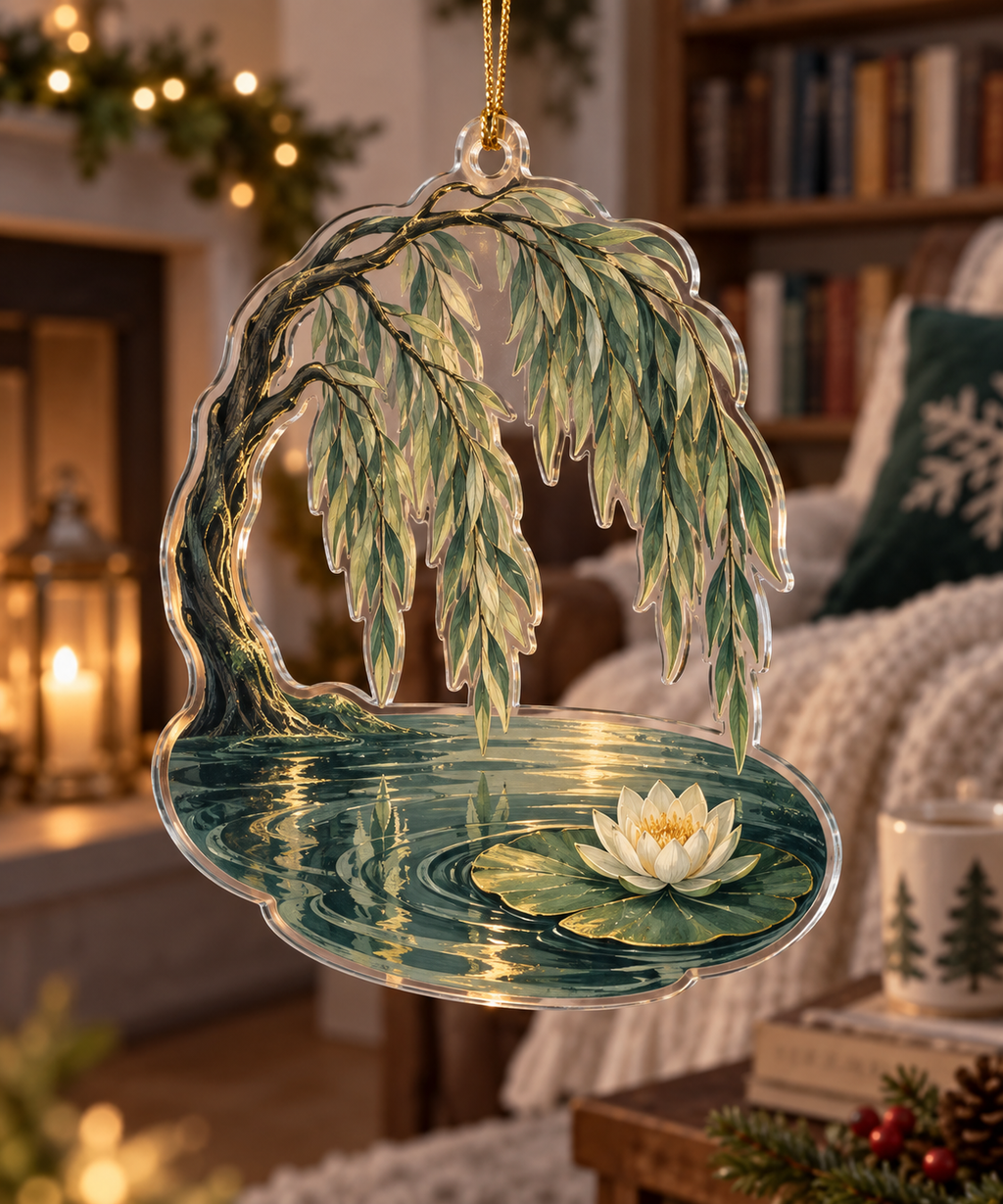 Willow Pond Reading Nook Ornament with flat printed optical 3D willow fronds, jade pond ripples and water lilies