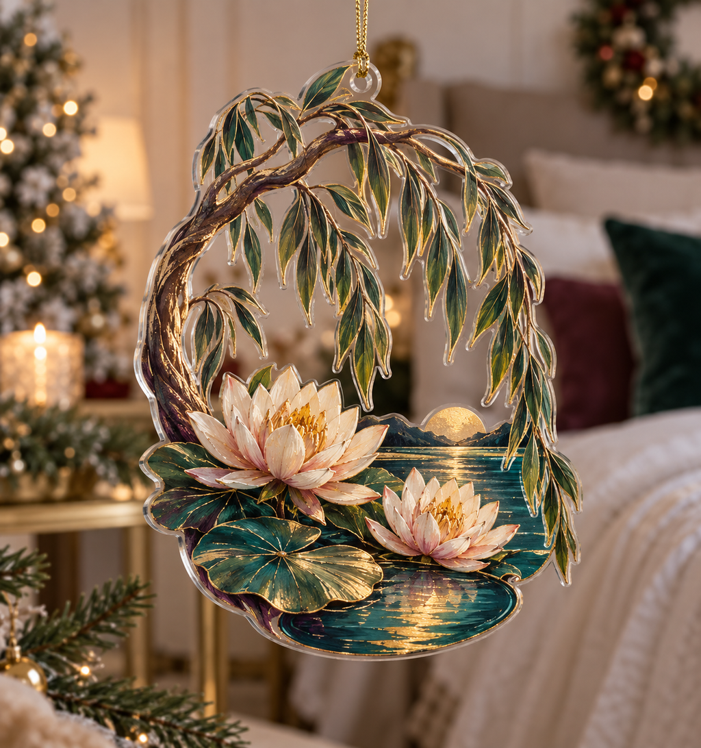 Willow Pond Bedroom Ornament with flat printed optical 3D willow branches, blue pond ripples and water lilies