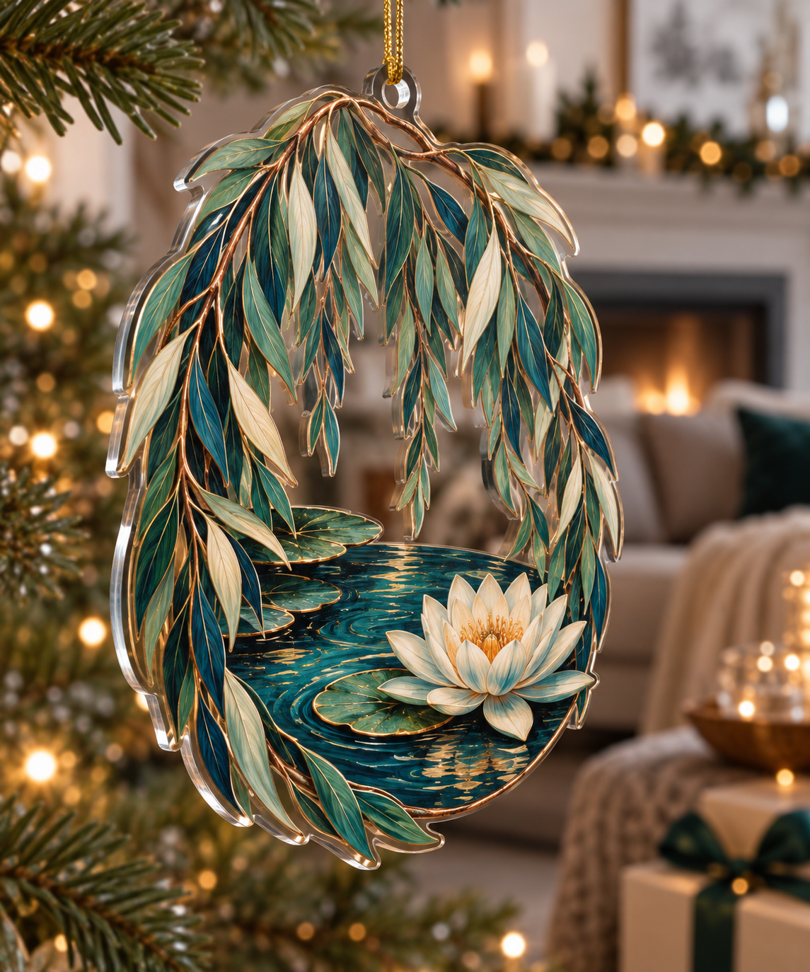 Willow Pond Living Room Ornament with flat printed optical 3D jade willow strands, peacock-blue pond and water lilies