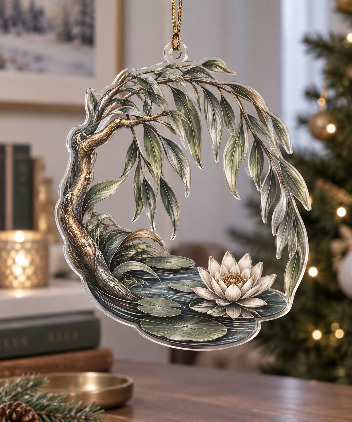Willow Pond Home Office Ornament with flat printed optical 3D sage willow fronds, slate-blue pond and ivory water lilies