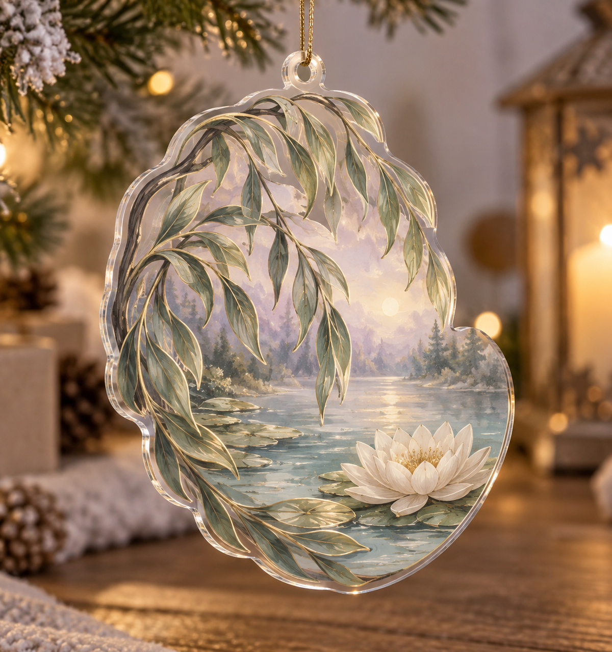 Willow Pond Quiet Corner Ornament with flat printed optical 3D silver-sage willow fronds, pale aqua pond and white lilies