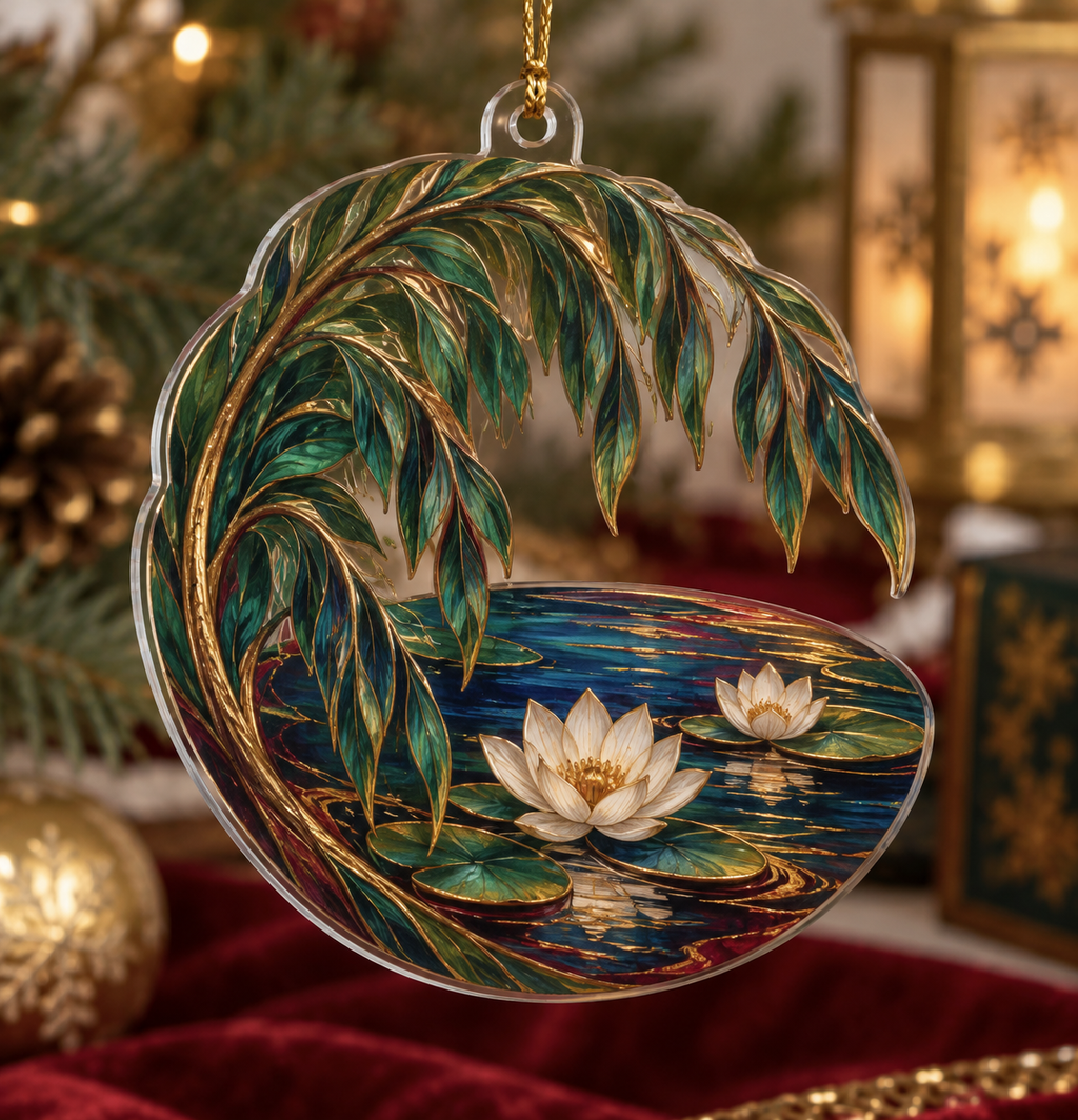 Willow Pond Collector Ornament with flat printed optical 3D emerald willow leaves, sapphire pond and ivory lilies