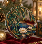 Willow Pond Collector Ornament with flat printed optical 3D emerald willow leaves, sapphire pond and ivory lilies