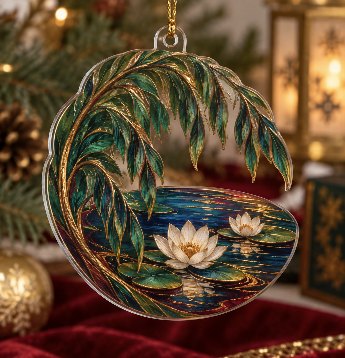 Willow Pond Collector Ornament with flat printed optical 3D emerald willow leaves, sapphire pond and ivory lilies