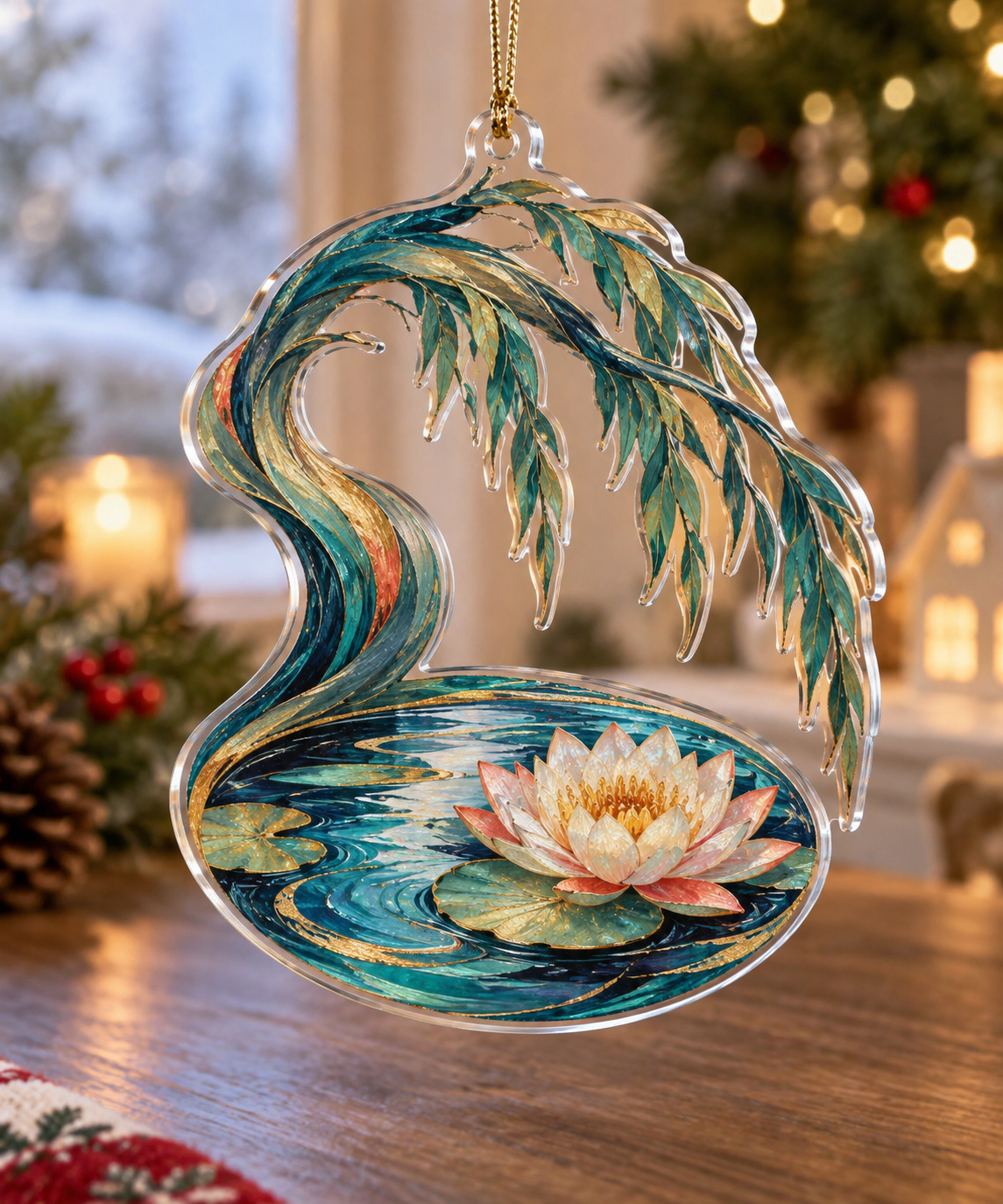 Willow Pond Hobby Studio Ornament with flat printed optical 3D painterly willow, cobalt pond and ivory lilies