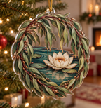 Willow Pond Host Gift Ornament with flat printed optical 3D jade willow boughs, blue-green pond and ivory lilies