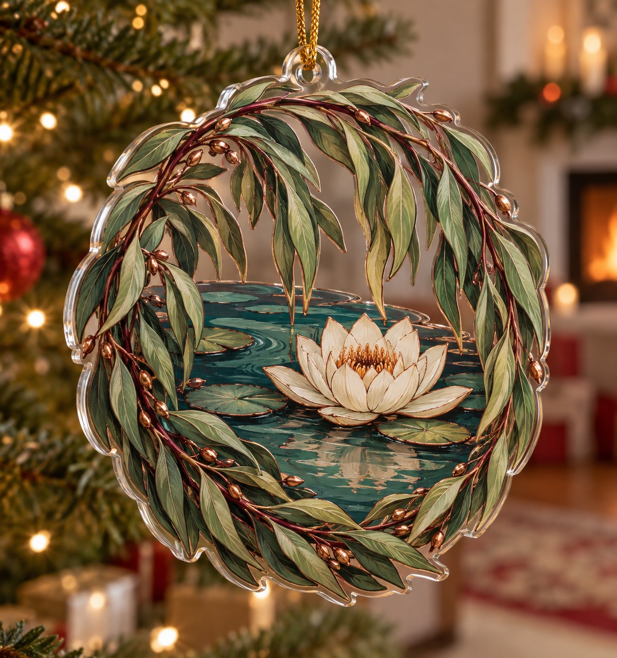 Willow Pond Host Gift Ornament with flat printed optical 3D jade willow boughs, blue-green pond and ivory lilies