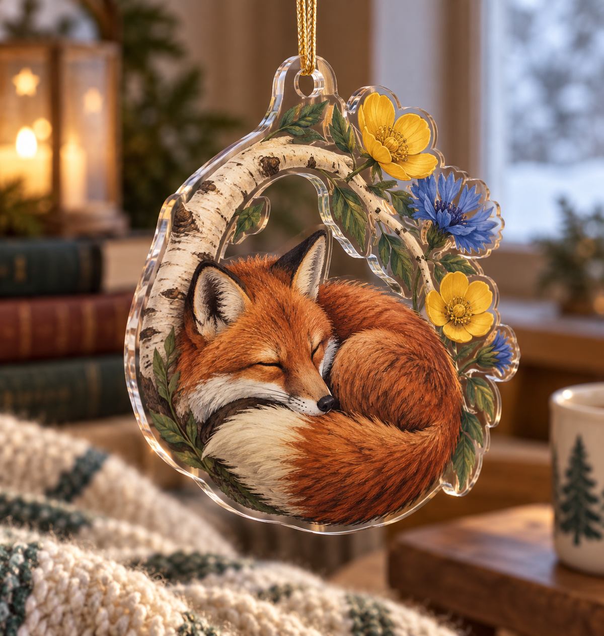 Fox Wildflower Reading Nook Ornament with flat printed optical 3D russet fox, buttercups, cornflowers and birch grove