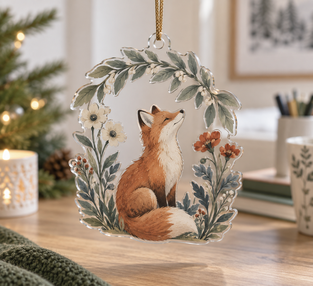 Fox Wildflower Office Ornament with flat printed optical 3D fox, meadow stems, sage foliage and muted rust accents