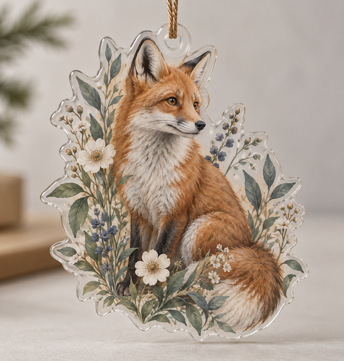 Fox Wildflower Welcome Ornament with flat printed optical 3D fox and wildflower artwork; family name is added from the customer input
