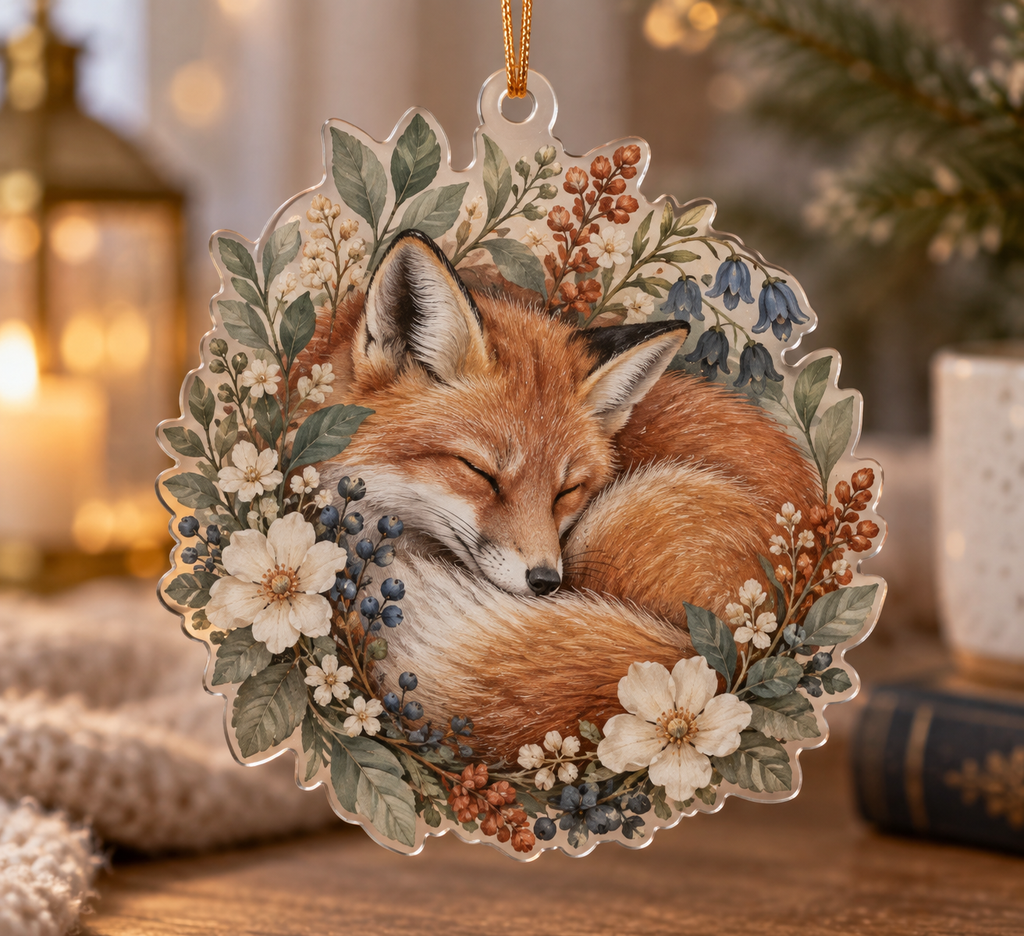 Fox Wildflower Quiet Corner Ornament with flat printed optical 3D fox, wildflowers, sage leaves and quiet-corner styling