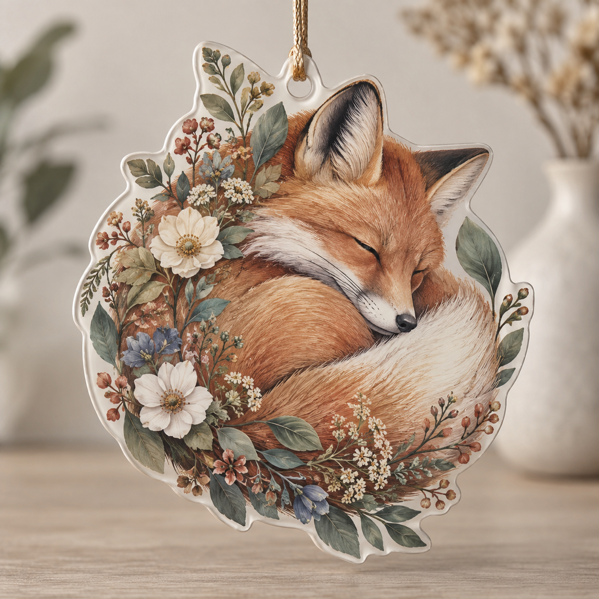 Fox Wildflower Collector Ornament with flat printed optical 3D fox, meadow botanicals and collector-inspired detail