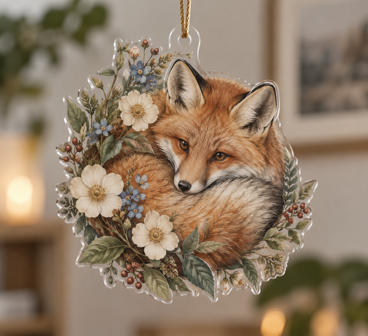 Fox Wildflower Gallery Ornament with flat printed optical 3D fox, meadow botanicals and curated apartment-gallery styling