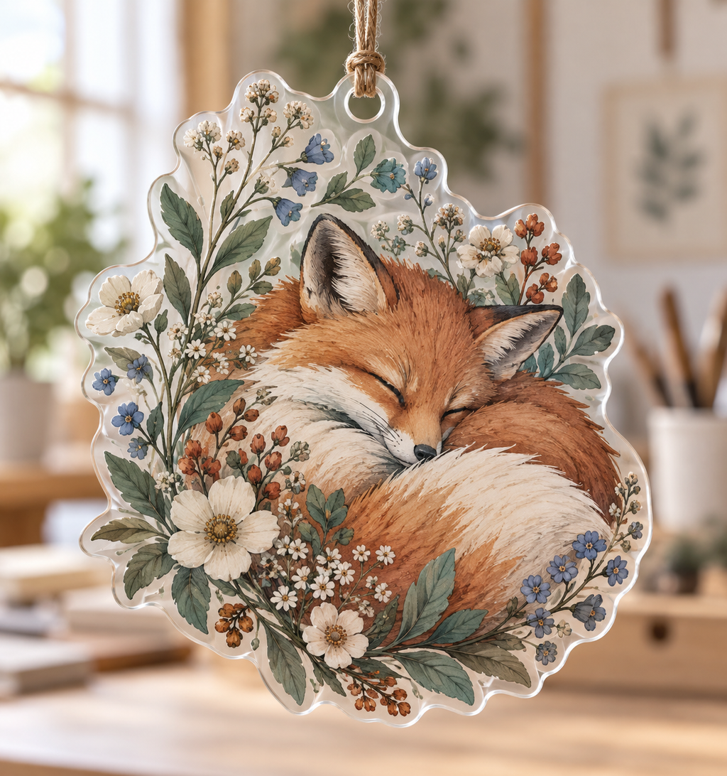 Fox Wildflower Studio Ornament with flat printed optical 3D fox, wildflower botanicals and creative-studio styling