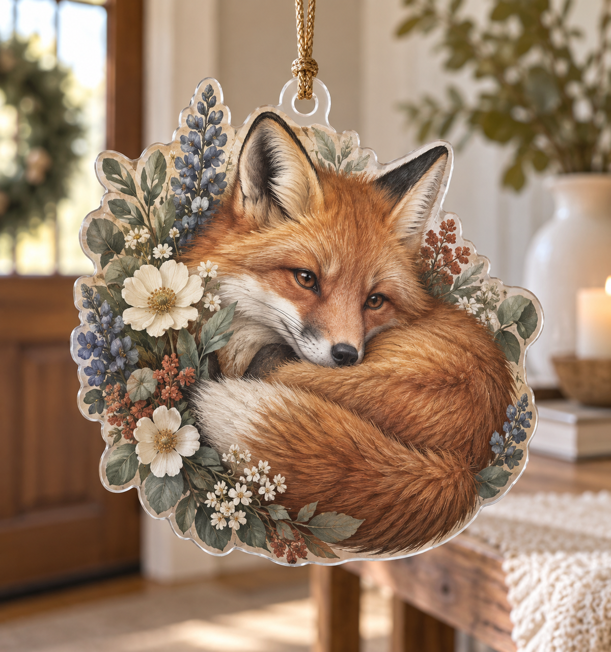 Fox Wildflower Host Thank You Ornament with flat printed optical 3D fox, meadow flowers and thoughtful host-gift styling