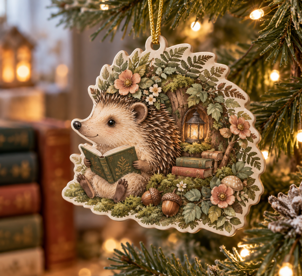 Custom contour-cut hedgehog reading ornament with garden print and hanging cord.