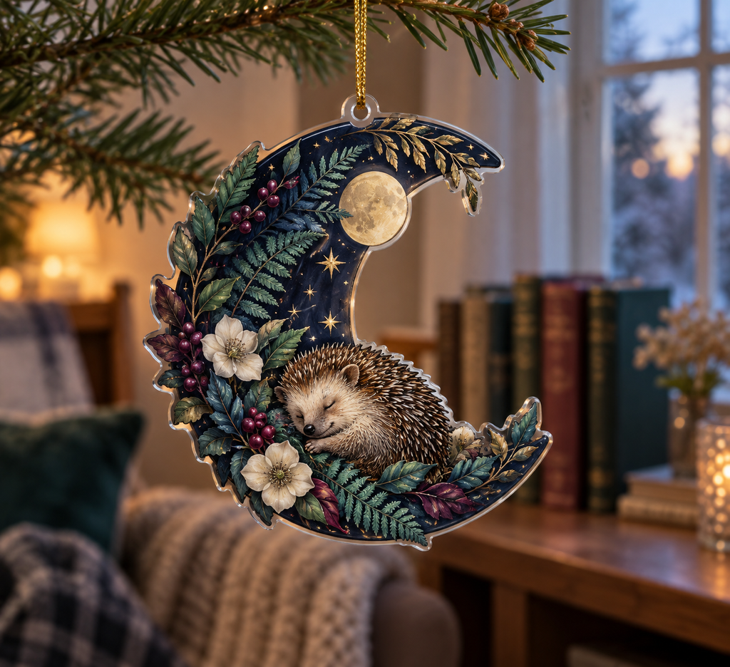 Custom contour-cut sleeping hedgehog ornament under a leafy crescent moon with gold hanging cord.