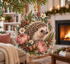 Custom contour-cut hedgehog ornament nestled in peonies, ferns, berries and leaves.