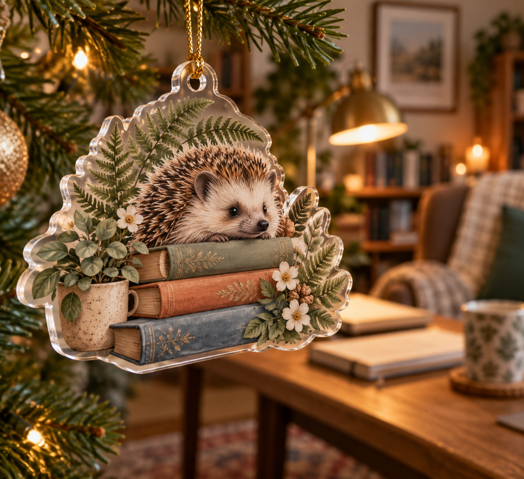 Custom contour-cut hedgehog reading ornament beside stacked books and a leafy plant.