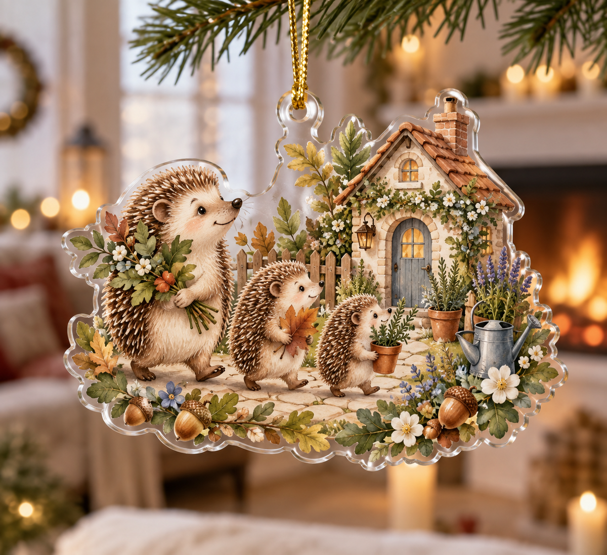 Custom-shaped acrylic hedgehog family and cottage garden ornament with gold hanging cord.