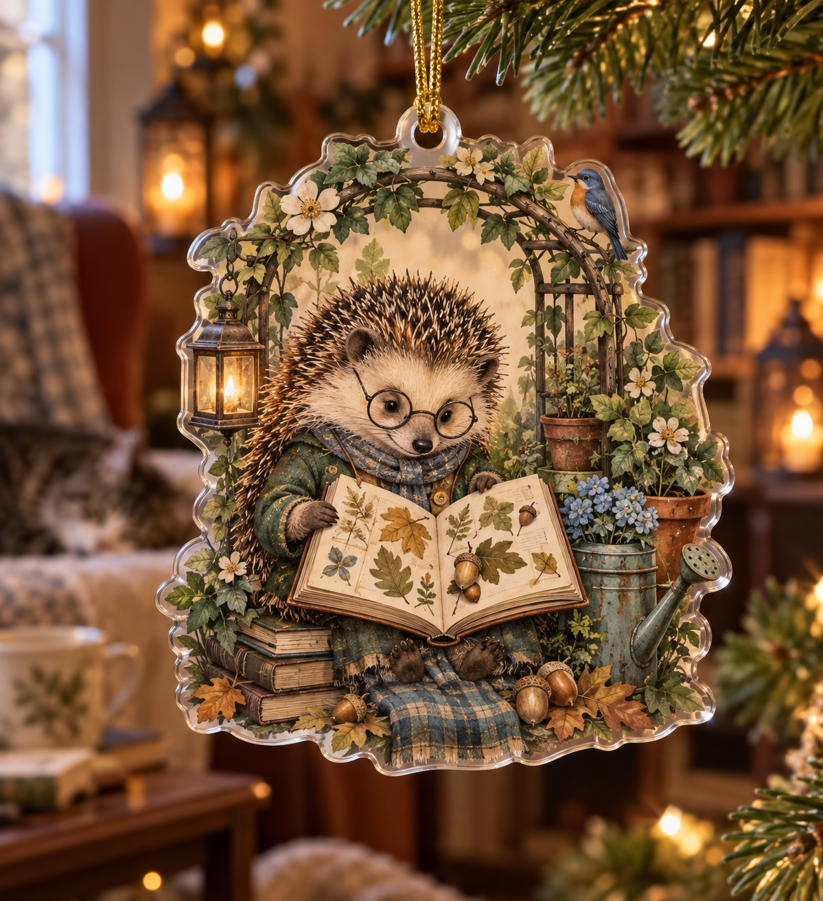 Custom contour acrylic ornament with a bespectacled hedgehog and field journal, gold cord.