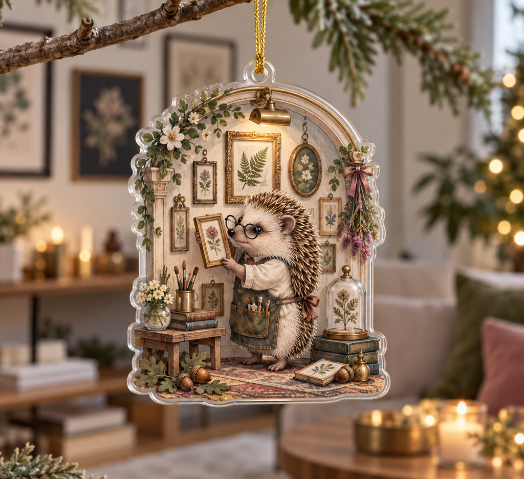 Custom-shaped acrylic hedgehog gallery ornament with gold cord and miniature botanical pictures.