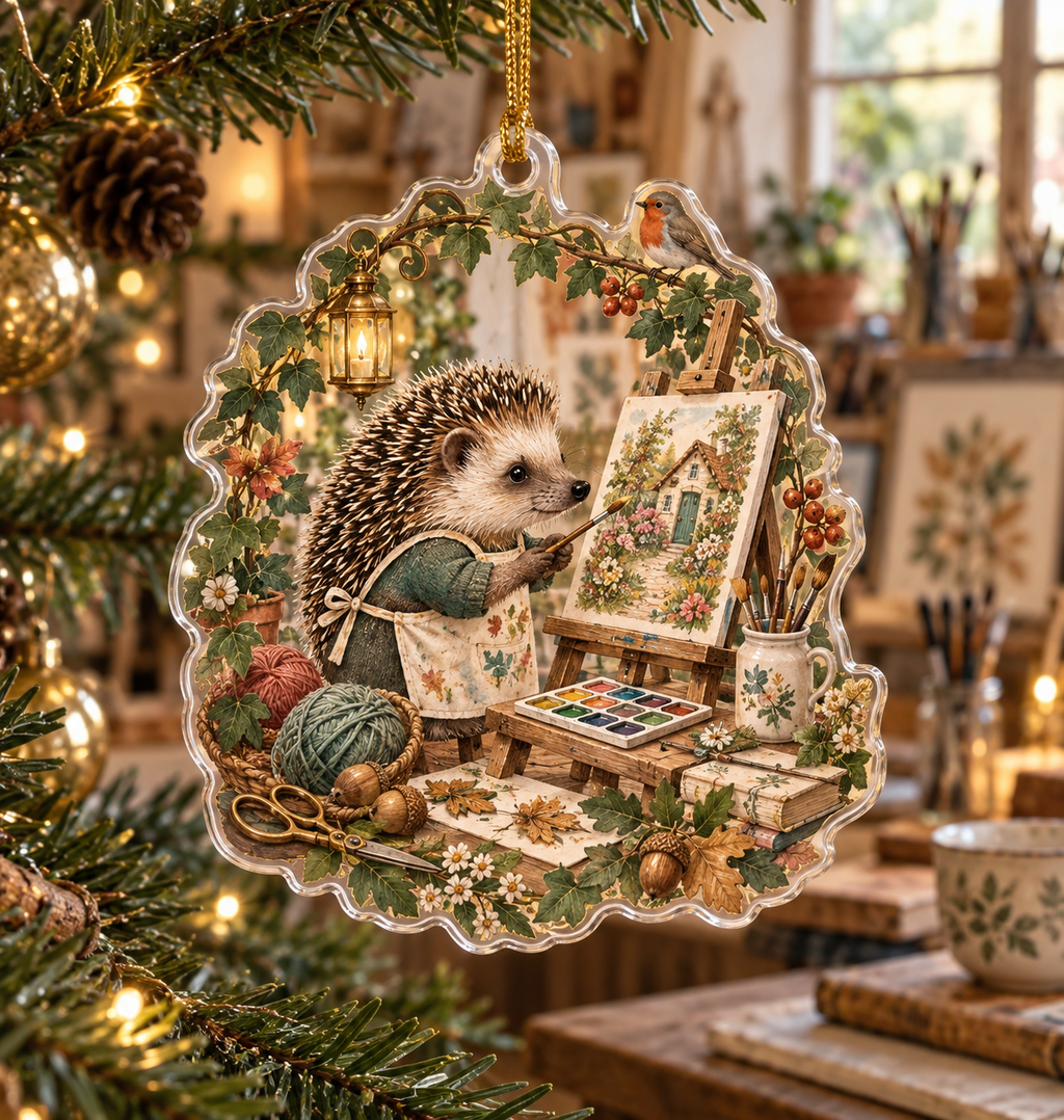 Custom-shaped acrylic ornament featuring a hedgehog artist painting a cottage garden, gold cord.