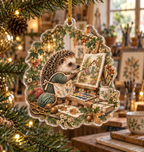Custom-shaped acrylic ornament featuring a hedgehog artist painting a cottage garden, gold cord.