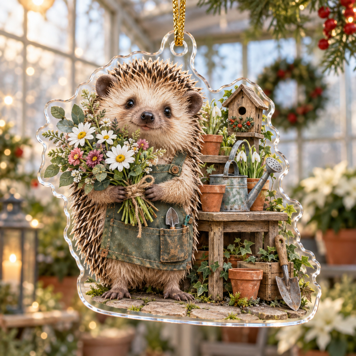 Custom-shaped acrylic ornament with hedgehog holding a garden bouquet, greenhouse details and gold cord.