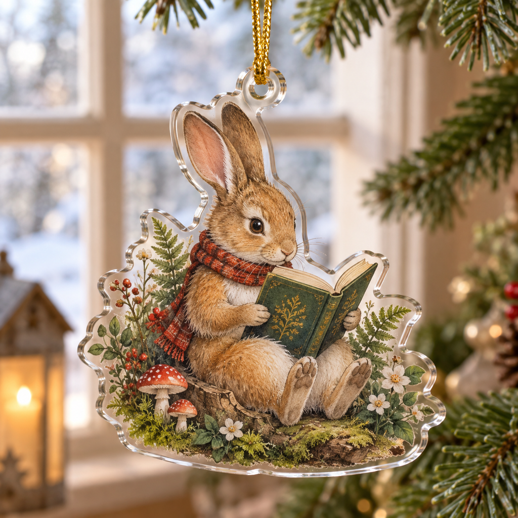 Custom-shaped clear acrylic ornament showing a storybook rabbit reading, with gold hanging cord.