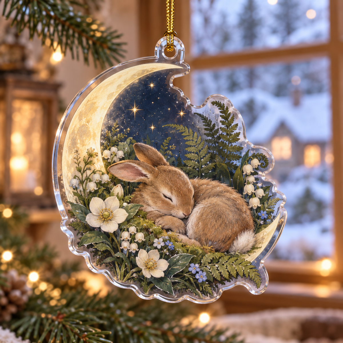 Custom-shaped acrylic ornament with sleeping rabbit, crescent and flowered meadow, gold cord.