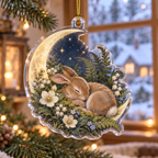 Custom-shaped acrylic ornament with sleeping rabbit, crescent and flowered meadow, gold cord.