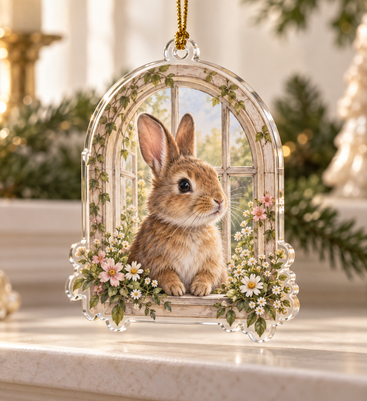 Custom-shaped clear acrylic ornament with a rabbit peeking through a flower-framed arched garden window and gold cord.