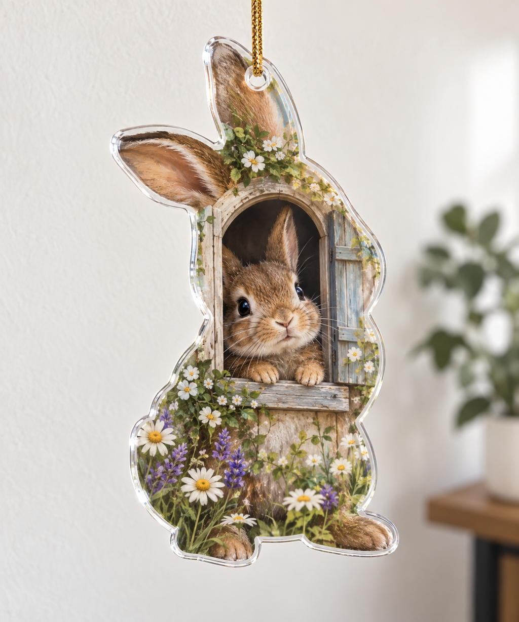 Custom-shaped clear acrylic ornament with an upright rabbit in a flower-framed cottage window and gold hanging cord.